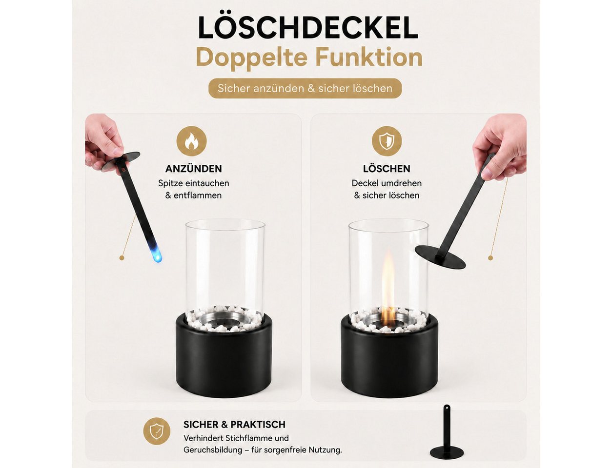 ZMH Tischfeuer Schwarzer Zylinder, mit Glaszylinder, Löschdeckel und Dekostein, Zylindrisch, 110 ml, ca. 1 Std., Windschutz, hitzebeständig – Bild 3 von 5