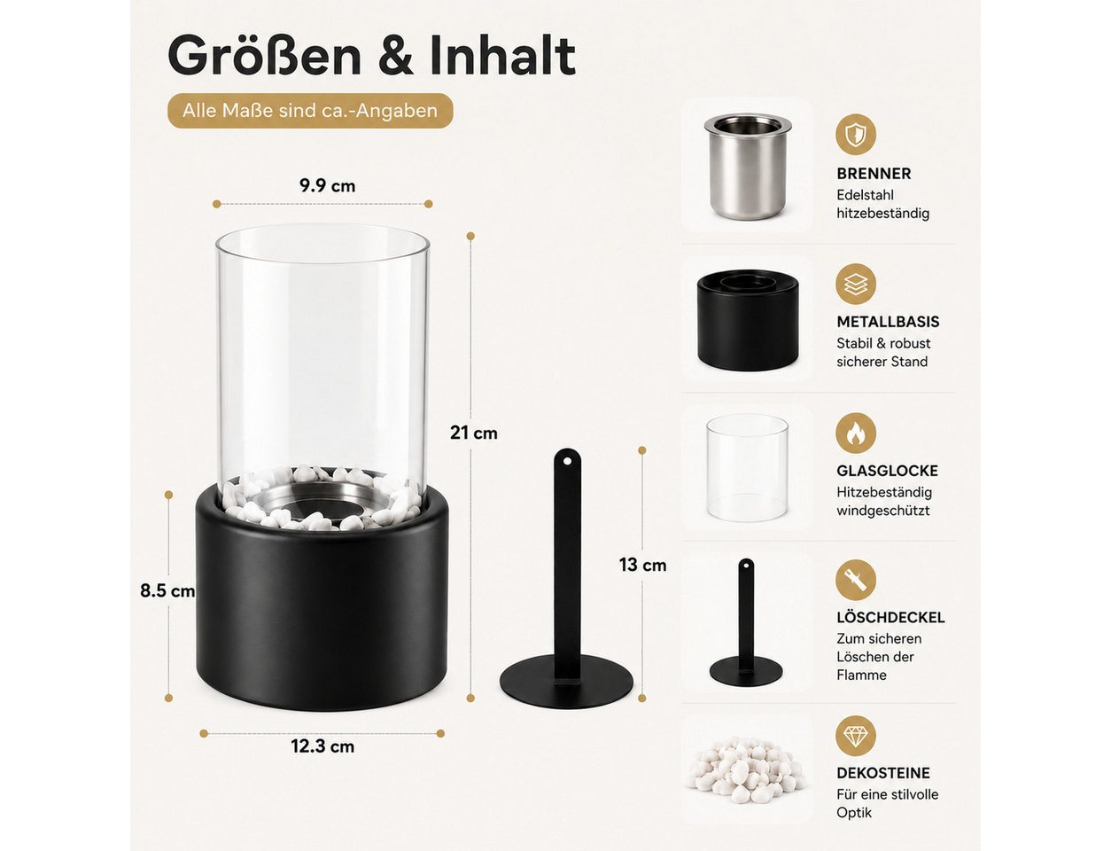ZMH Tischfeuer Schwarzer Zylinder, mit Glaszylinder, Löschdeckel und Dekostein, Zylindrisch, 110 ml, ca. 1 Std., Windschutz, hitzebeständig – Bild 4 von 5