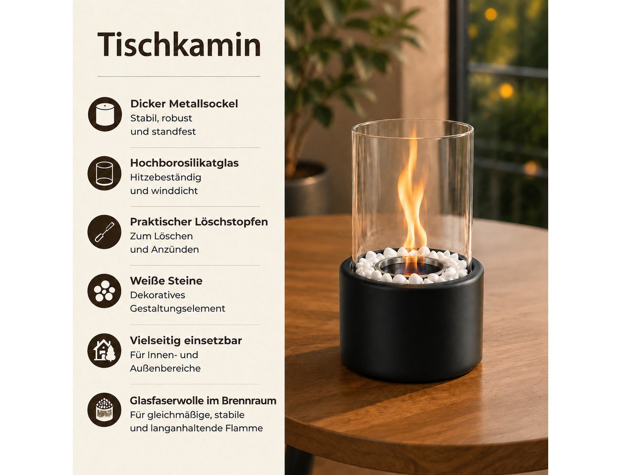 ZMH Tischfeuer Schwarzer Zylinder, mit Glaszylinder, Löschdeckel und Dekostein, Zylindrisch, 110 ml, ca. 1 Std., Windschutz, hitzebeständig – Bild 5 von 5