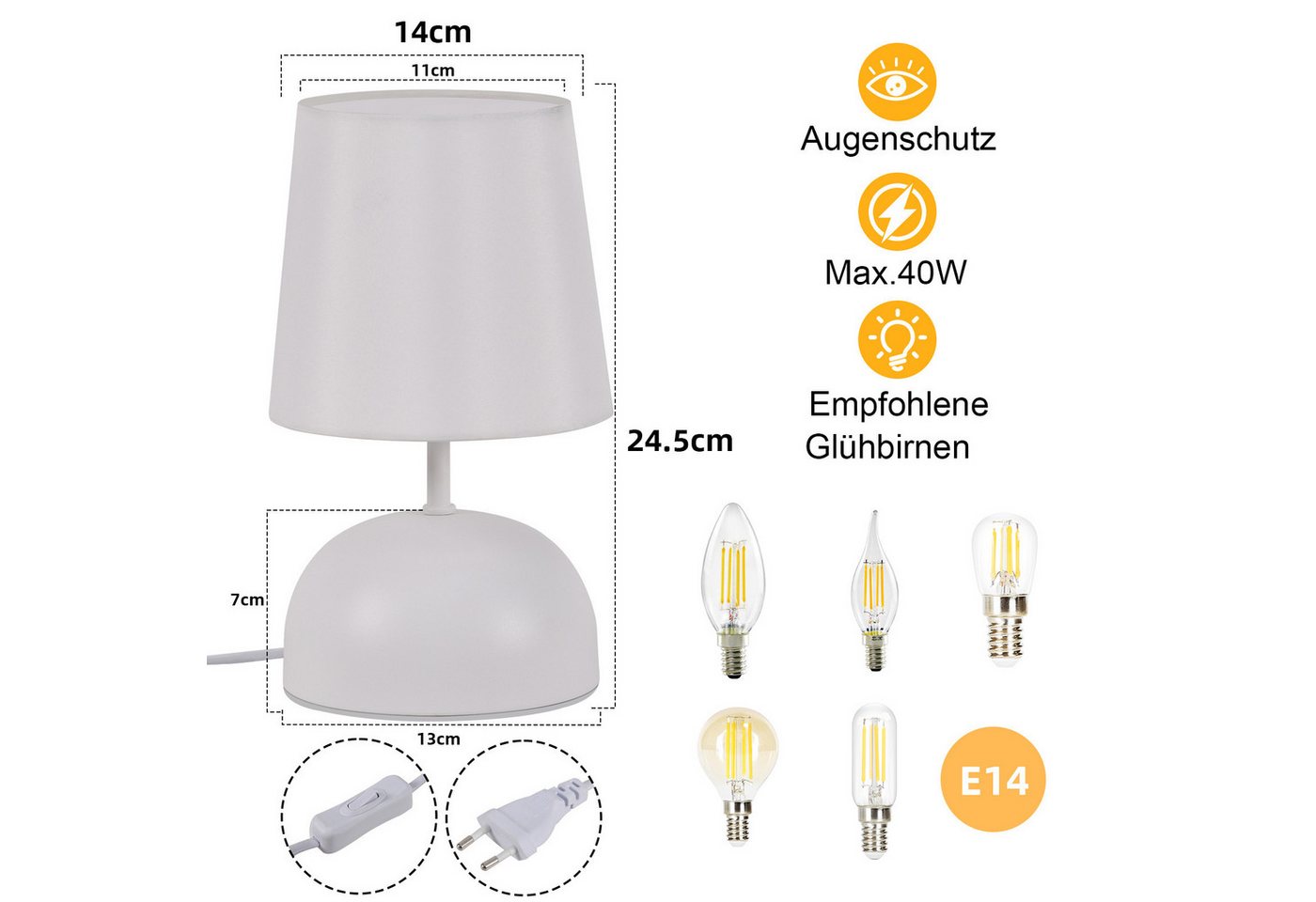 ZMH Tischleuchte 2er-Set, kleine Nachttischlampe mit Stoffschirm und Kabel, E14, ohne Leuchtmittel, 24,5 cm, für Schlafzimmer und Wohnzimmer – Bild 3 von 5
