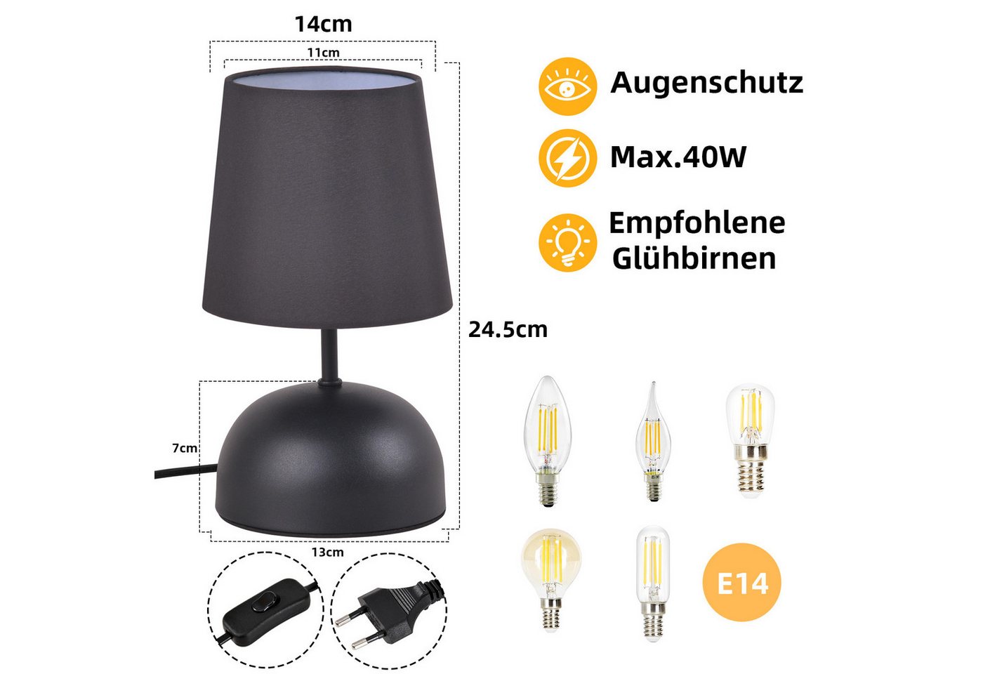 ZMH Tischleuchte 2er-Set, kleine Nachttischlampe mit Stoffschirm und Kabel, E14, ohne Leuchtmittel, 24,5 cm, für Schlafzimmer und Wohnzimmer – Bild 3 von 5