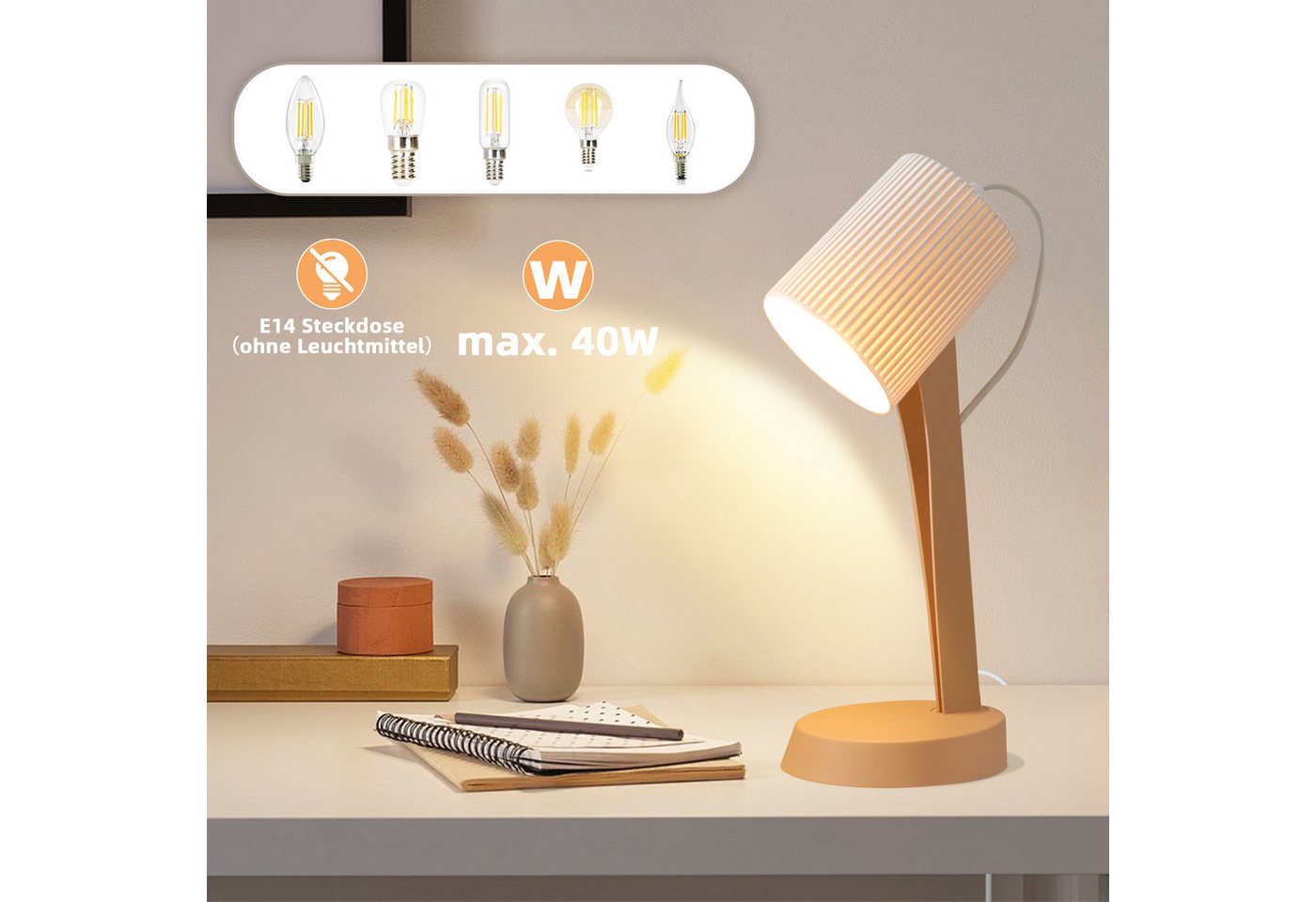 ZMH Tischleuchte E14 2er-Set mit Kabel Kippschalter modern Schlafzimmer Esszimmer, HochwertigeDesign, ohne Leuchtmittel, Einfache Installation – Bild 2 von 5