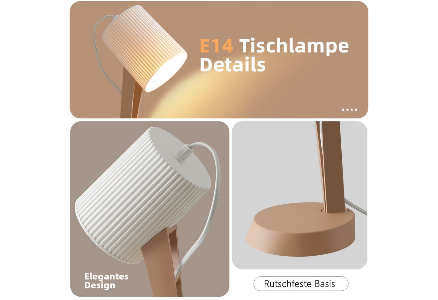 ZMH Tischleuchte E14 2er-Set mit Kabel Kippschalter modern Schlafzimmer Esszimmer, HochwertigeDesign, ohne Leuchtmittel, Einfache Installation – Bild 3 von 5