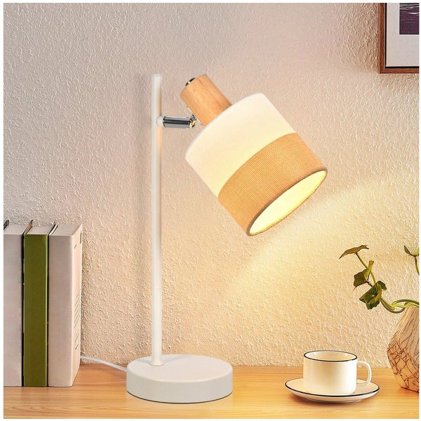 ZMH Tischleuchte E14 mit Stoffschirm, moderne Nachttischlampe mit Kabelschalter, 350° drehbar, 80° neigbar, ohne Leuchtmittel, Nachttischlampe mit Holzdetail, K