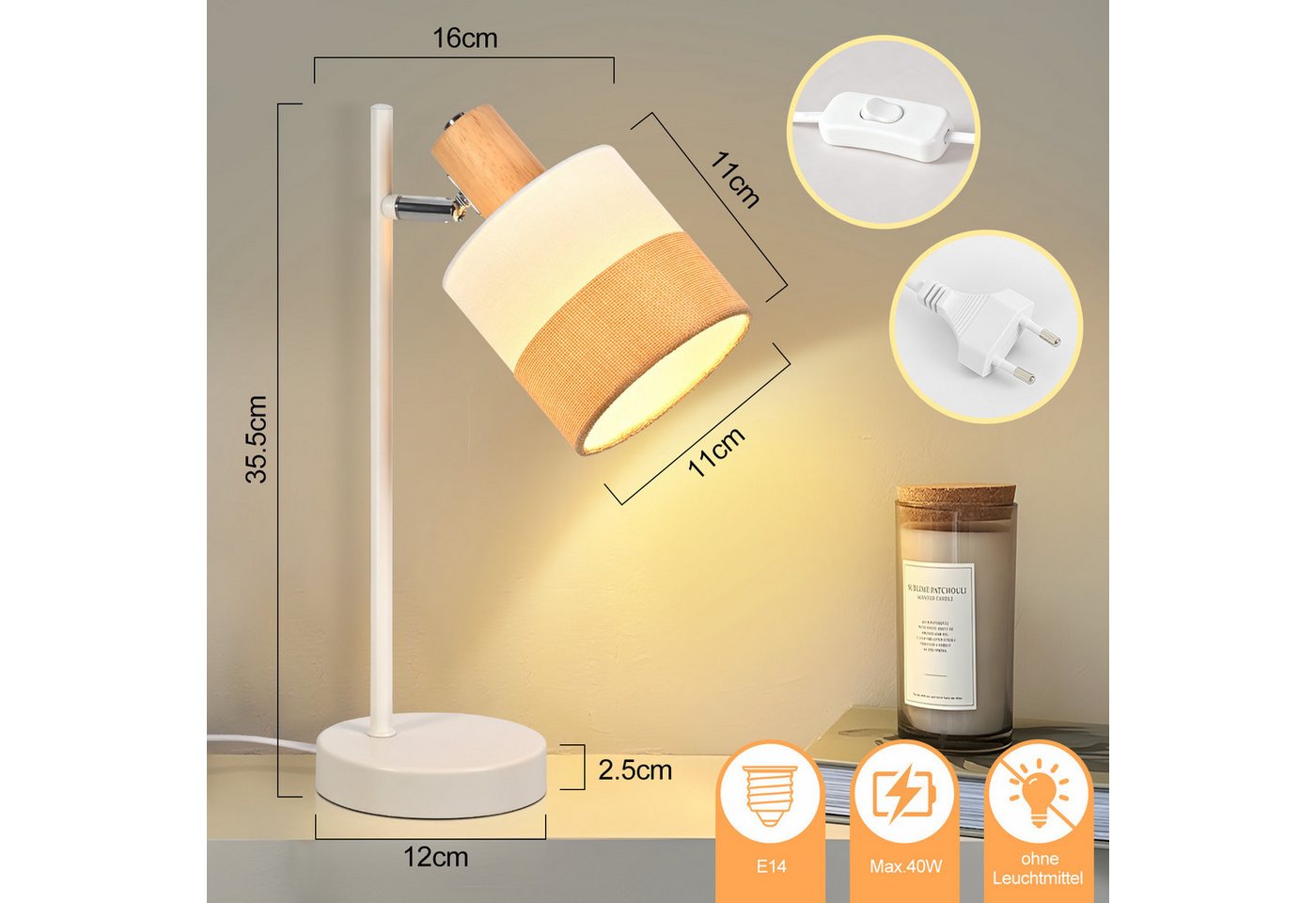 ZMH Tischleuchte E14 mit Stoffschirm, moderne Nachttischlampe mit Kabelschalter, 350° drehbar, 80° neigbar, ohne Leuchtmittel, Nachttischlampe mit Holzdetail, K – Bild 2 von 5