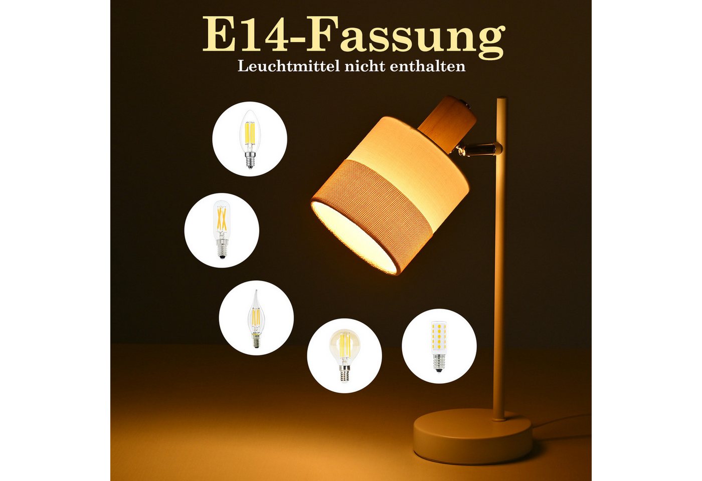 ZMH Tischleuchte E14 mit Stoffschirm, moderne Nachttischlampe mit Kabelschalter, 350° drehbar, 80° neigbar, ohne Leuchtmittel, Nachttischlampe mit Holzdetail, K – Bild 3 von 5