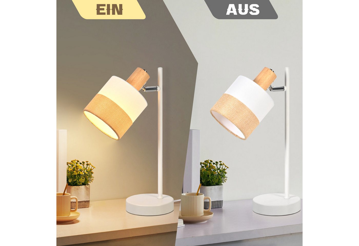 ZMH Tischleuchte E14 mit Stoffschirm, moderne Nachttischlampe mit Kabelschalter, 350° drehbar, 80° neigbar, ohne Leuchtmittel, Nachttischlampe mit Holzdetail, K – Bild 4 von 5