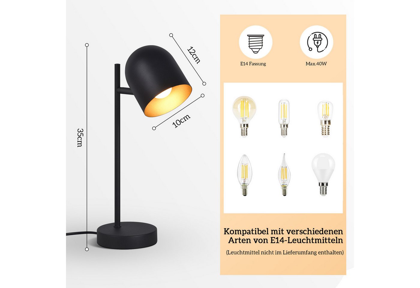 ZMH Tischleuchte E14 Schwarz-Gold, 350° drehbar und 90° schwenkbar, Kabelschalter, ohne Leuchtmittel, Vintage aus Metall, für Schlafzimmer, Wohnzimmer und Schre – Bild 2 von 5