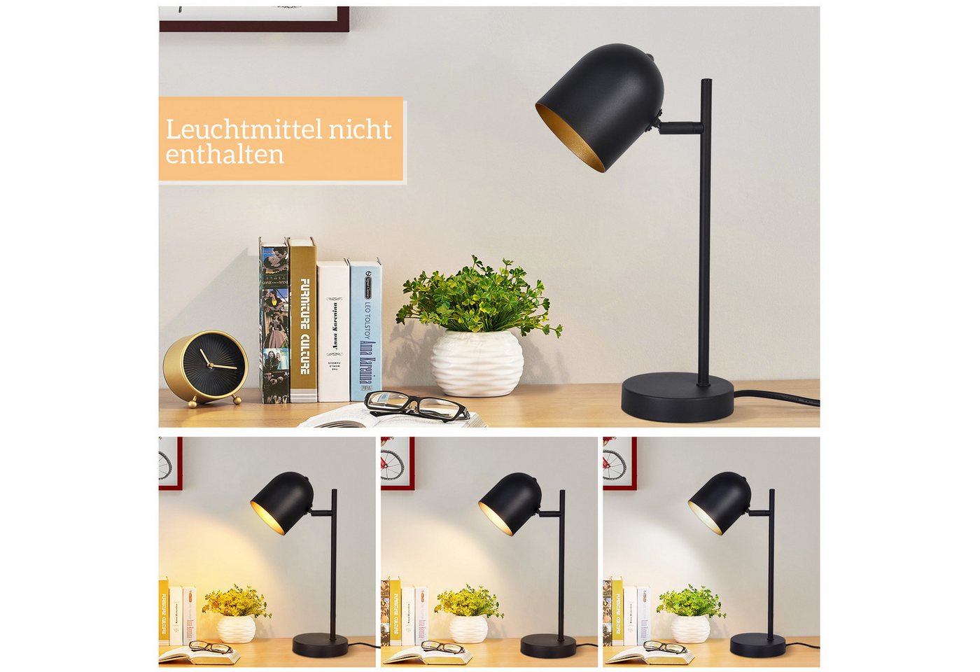 ZMH Tischleuchte E14 Schwarz-Gold, 350° drehbar und 90° schwenkbar, Kabelschalter, ohne Leuchtmittel, Vintage aus Metall, für Schlafzimmer, Wohnzimmer und Schre – Bild 3 von 5