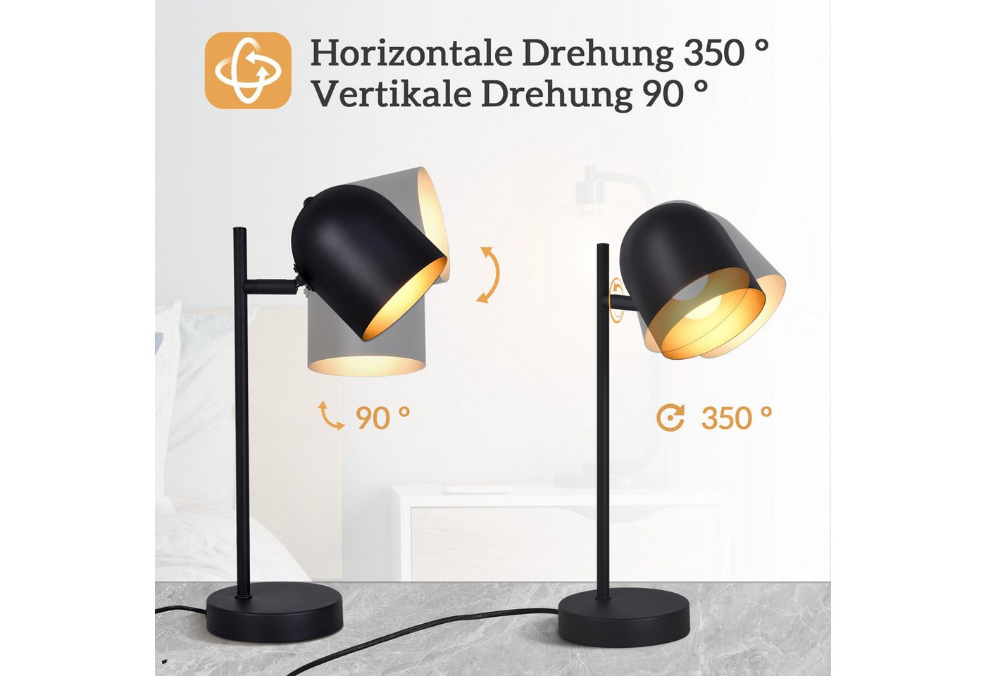 ZMH Tischleuchte E14 Schwarz-Gold, 350° drehbar und 90° schwenkbar, Kabelschalter, ohne Leuchtmittel, Vintage aus Metall, für Schlafzimmer, Wohnzimmer und Schre – Bild 4 von 5