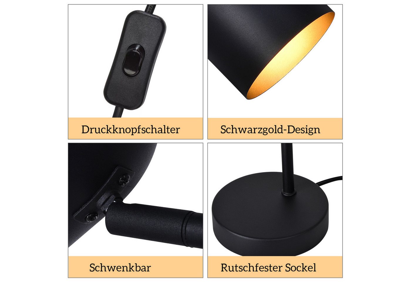 ZMH Tischleuchte E14 Schwarz-Gold, 350° drehbar und 90° schwenkbar, Kabelschalter, ohne Leuchtmittel, Vintage aus Metall, für Schlafzimmer, Wohnzimmer und Schre – Bild 5 von 5
