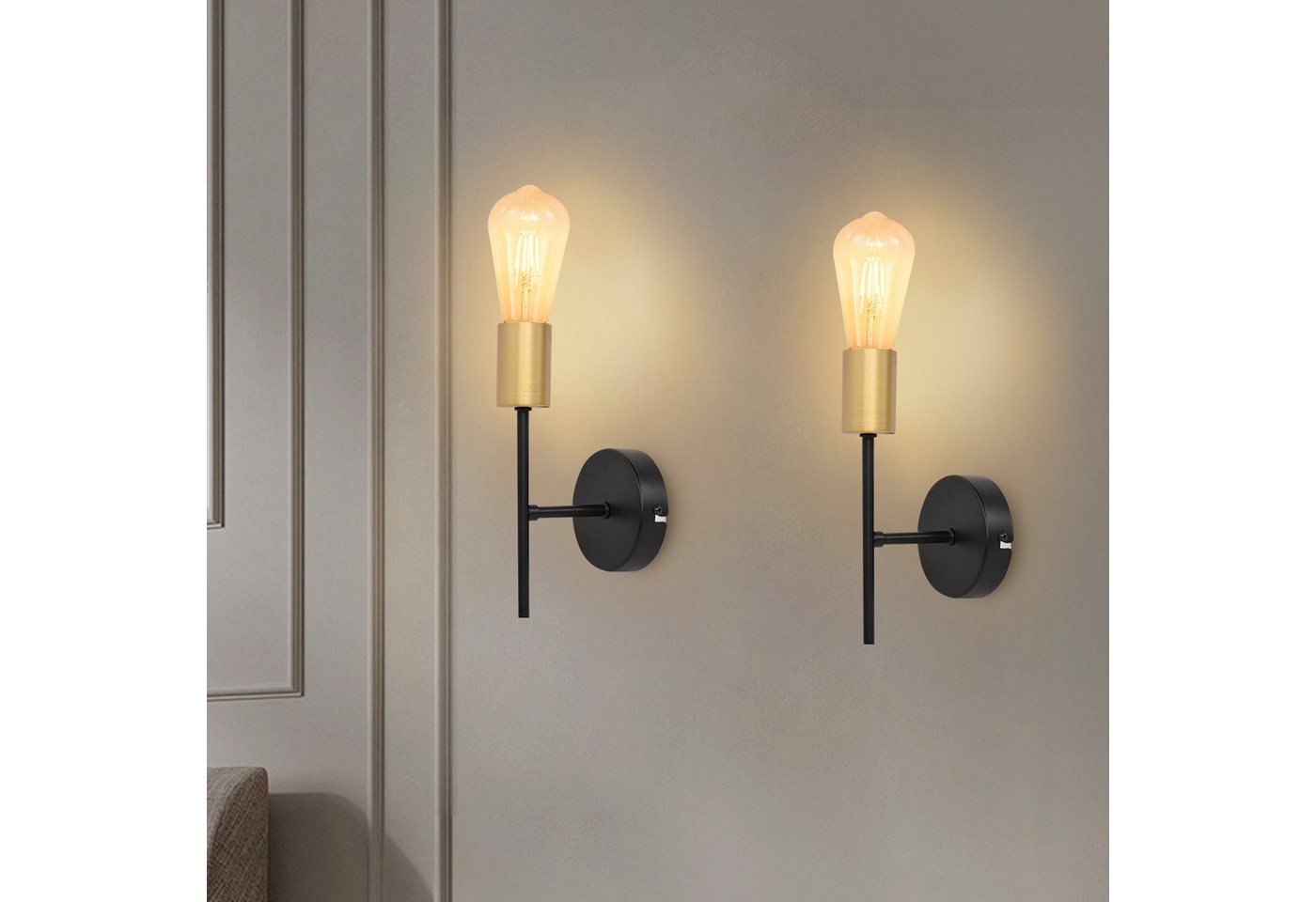 ZMH Wandleuchte 2er-Set Schwarz-Gold, industrielle Wandlampe aus Metall, E27-Fassung, ohne Leuchtmittel, für Flur und Schlafzimmer – Bild 2 von 5