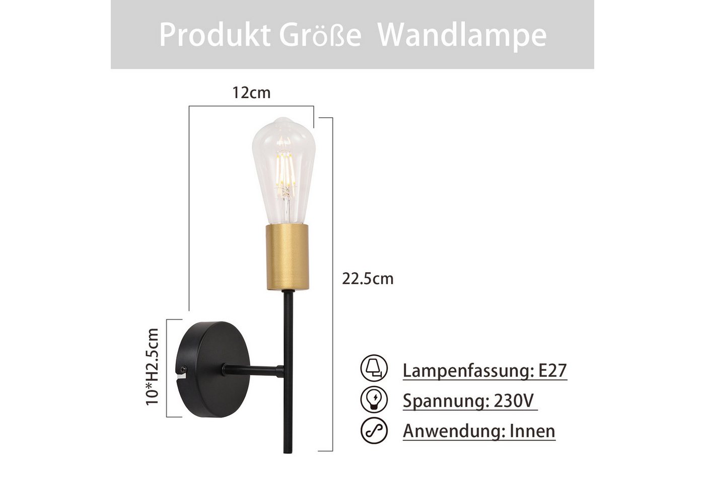 ZMH Wandleuchte 2er-Set Schwarz-Gold, industrielle Wandlampe aus Metall, E27-Fassung, ohne Leuchtmittel, für Flur und Schlafzimmer – Bild 3 von 5