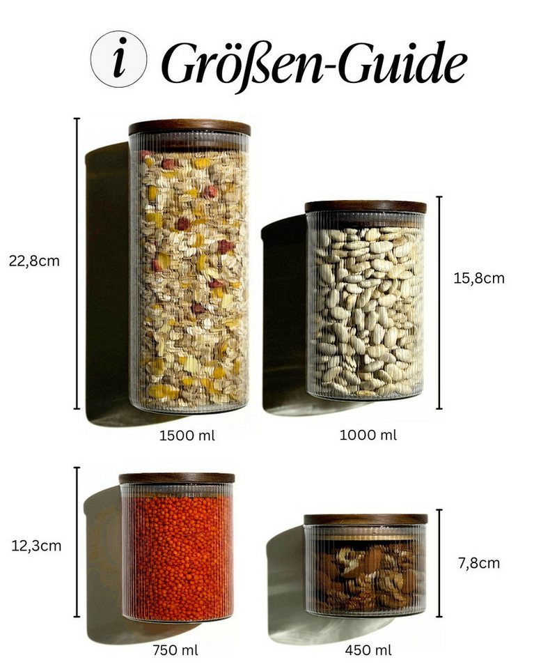 Zoha Vorratsglas Luftdichte Vorratsgläser mit geriffeltem, stapelbarem Glas, Borosilikatglas, (Akazienholz-Deckel Komplett Set, 4-tlg., Verschiedene Größen), Be – Bild 4 von 5