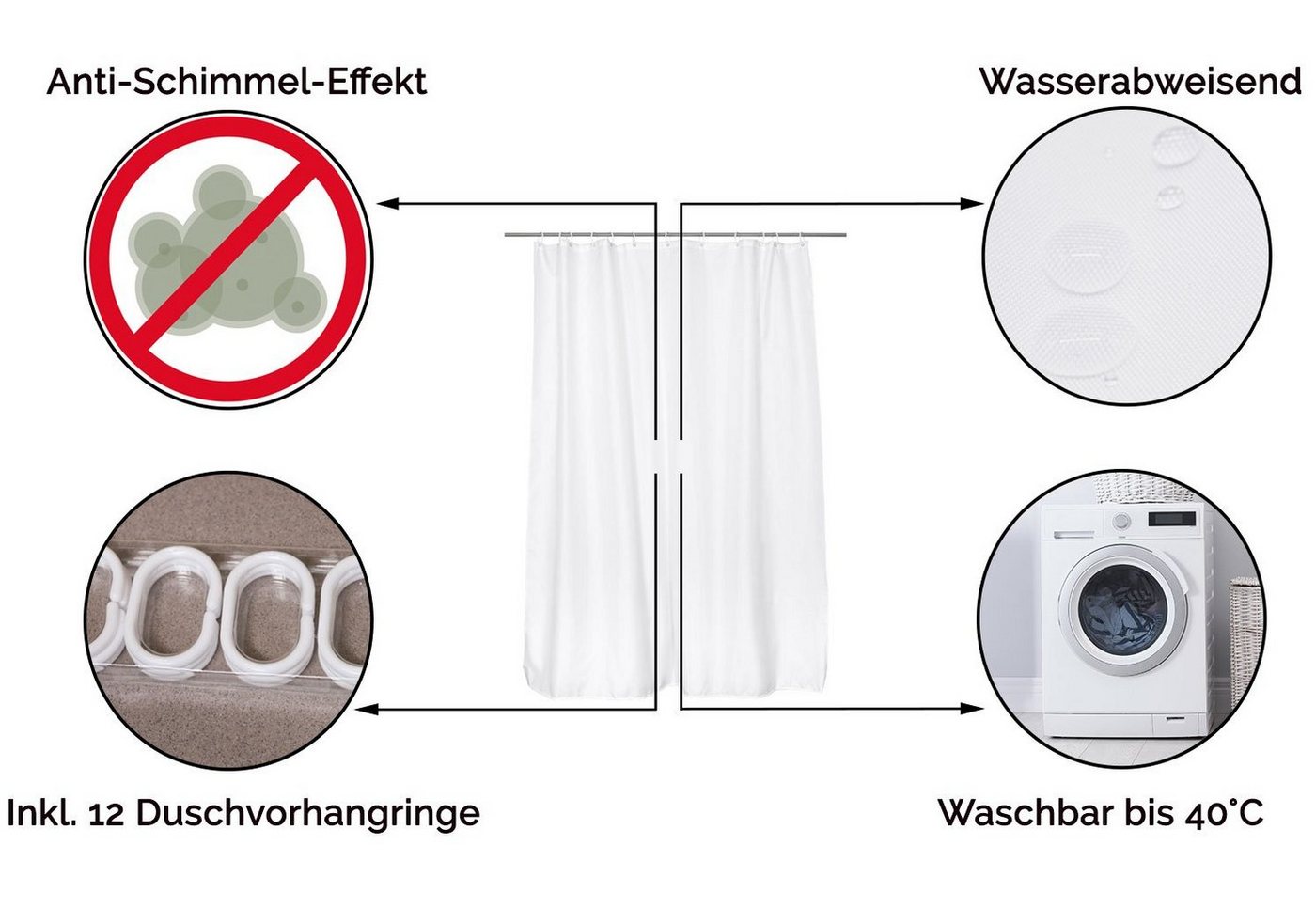 ZOLLNER Duschvorhang Breite 180 cm (Set), 100% Polyester, Anti-Schimmel-Effekt – Bild 2 von 5