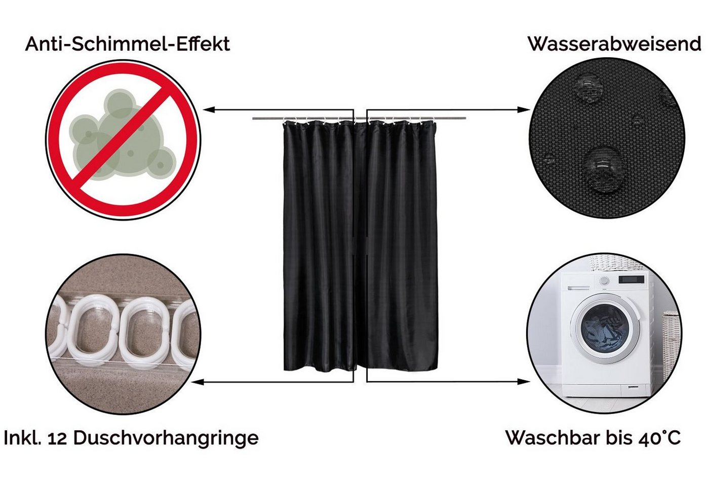 ZOLLNER Duschvorhang Breite 180 cm (Set), 100% Polyester, Anti-Schimmel-Effekt – Bild 2 von 5