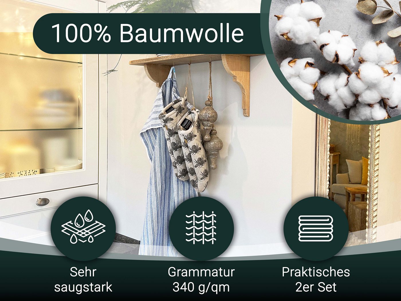 ZOLLNER Geschirrtuch, (Spar-Set, 2-tlg), 48 x 90 cm, 100% Baumwolle, vom Hotelwäschespezialisten – Bild 3 von 5