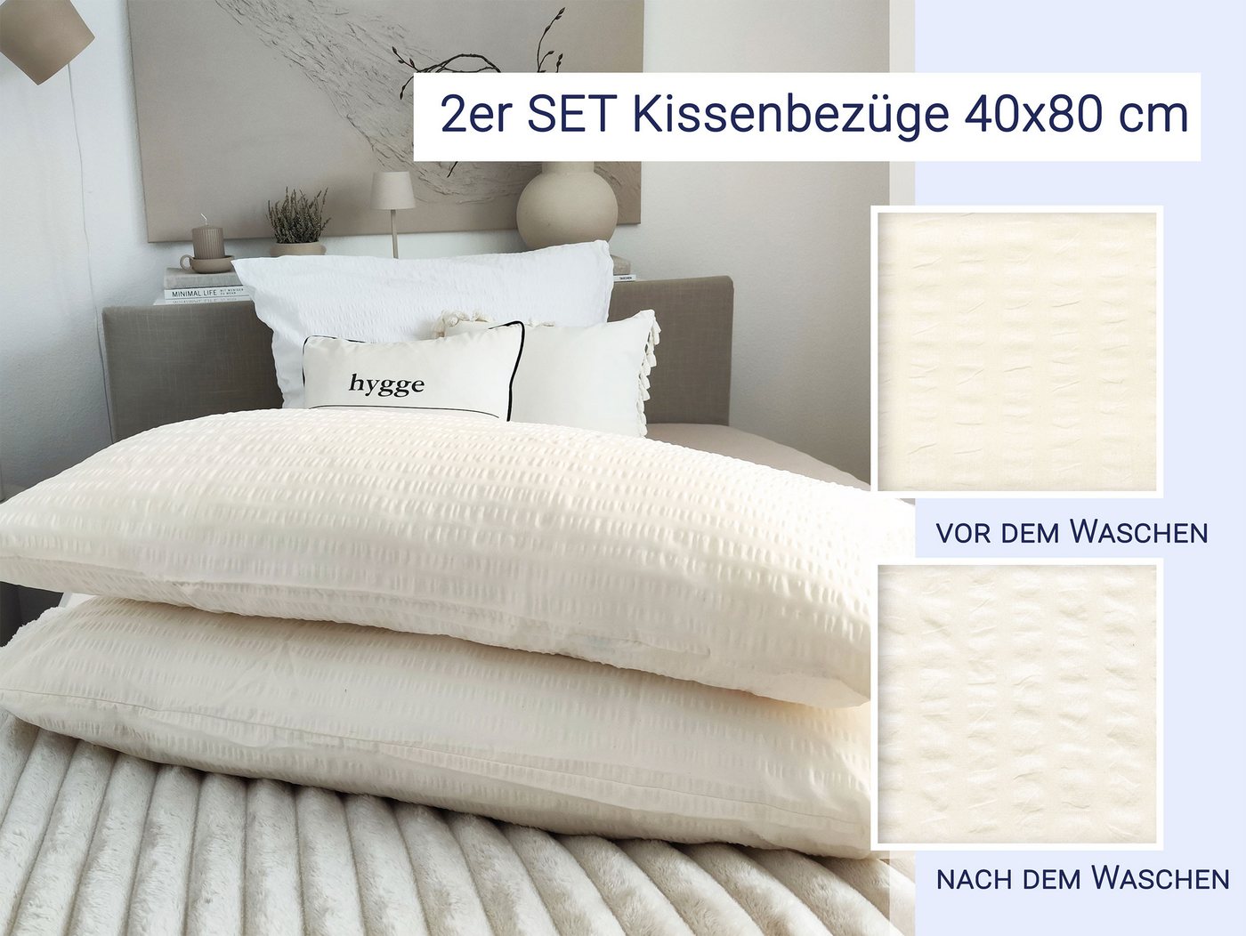 ZOLLNER Kissenbezug, (2 Stück), 40 x 80 cm, 100% Baumwolle, vom Hotelwäschespezalisten, Seersucker – Bild 5 von 5