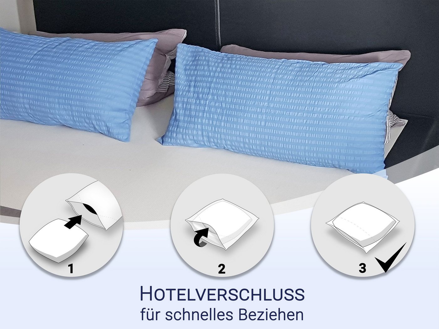 ZOLLNER Kissenbezug, (2 Stück), 40 x 80 cm, 100% Baumwolle, vom Hotelwäschespezalisten, Seersucker – Bild 4 von 5