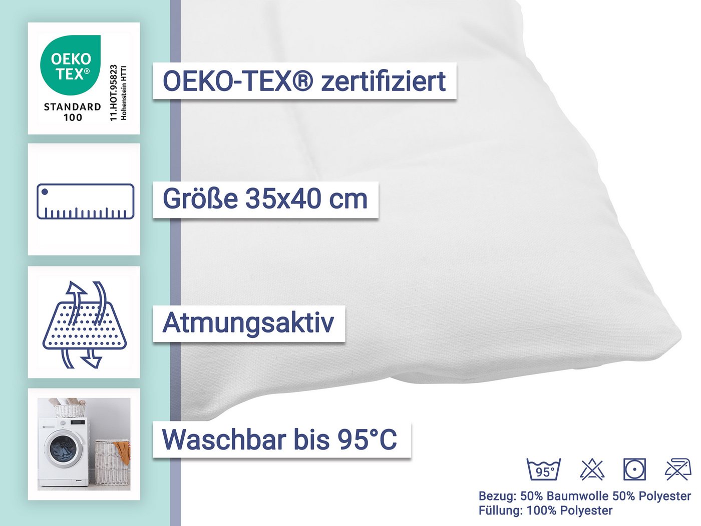 ZOLLNER Kopfkissen, Füllung: 100% Polyester, 35 x 40 cm, 50% Polyester, 50% Baumwolle, speziell für Babys – Bild 2 von 5