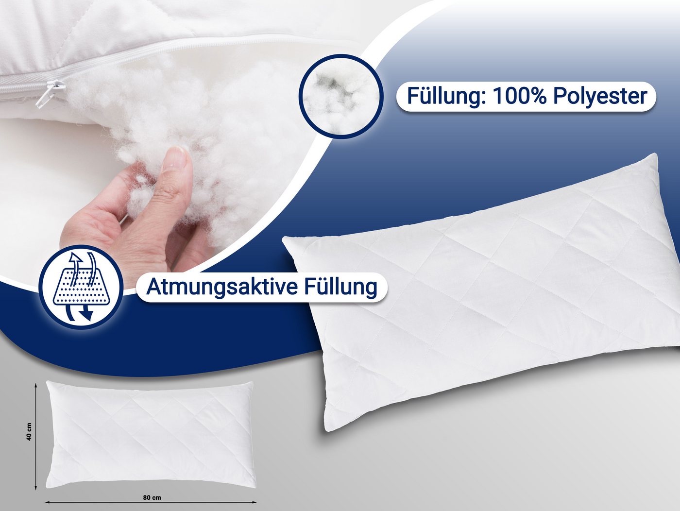 ZOLLNER Kopfkissen, Füllung: 100% Polyester, Seitenschläfer, Bauchschläfer, Rückenschläfer, 40 x 80 cm, 50% Polyester, 50% Baumwolle, vom Hotelwäschespezialiste – Bild 3 von 5
