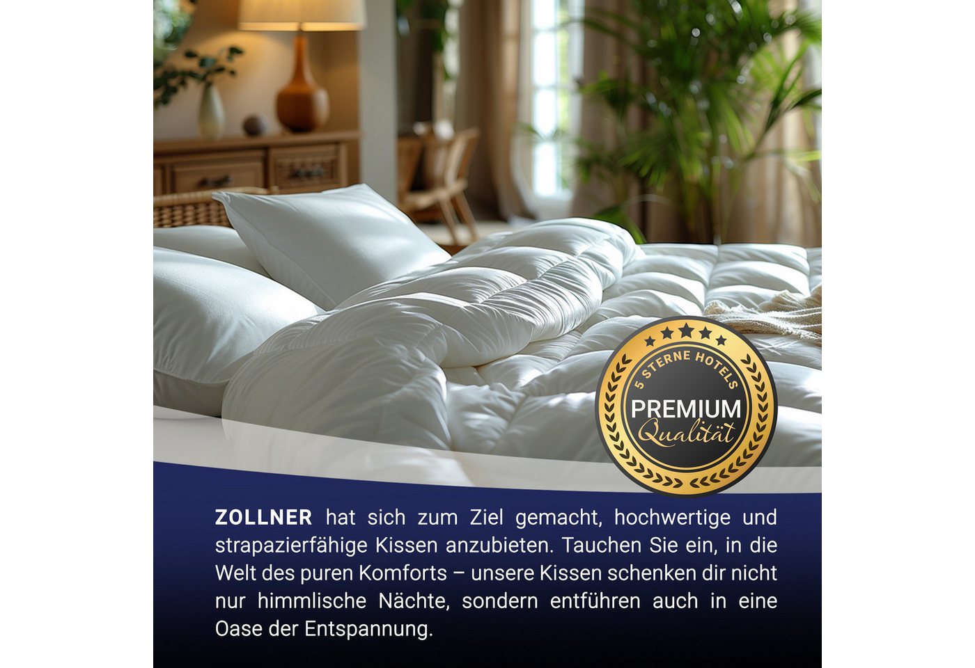 ZOLLNER Kopfkissen, Füllung: 90% Daunen, 10% Federn, Seitenschläfer, Rückenschläfer, 40 x 40 cm, 100% Baumwolle, vom Hotelwäschespezialisten – Bild 4 von 5