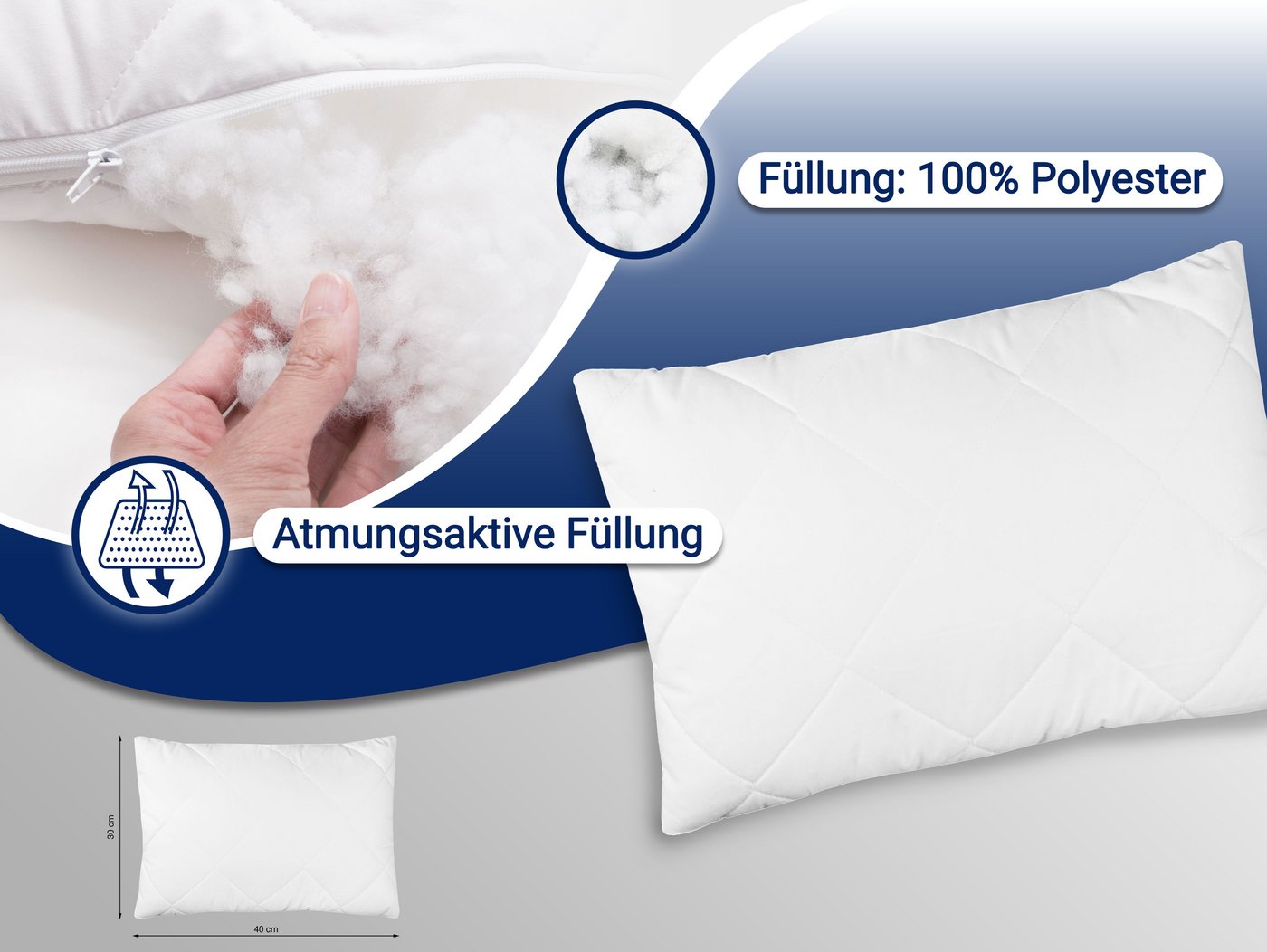 ZOLLNER Kopfkissen, Füllung: 100% Silikonisierte Polyesterhohlfaserbällchen, Spar-Set, 30 x 40 cm, 50% Polyester, 50% Baumwolle, vom Hotelwäschespezialisten – Bild 4 von 5