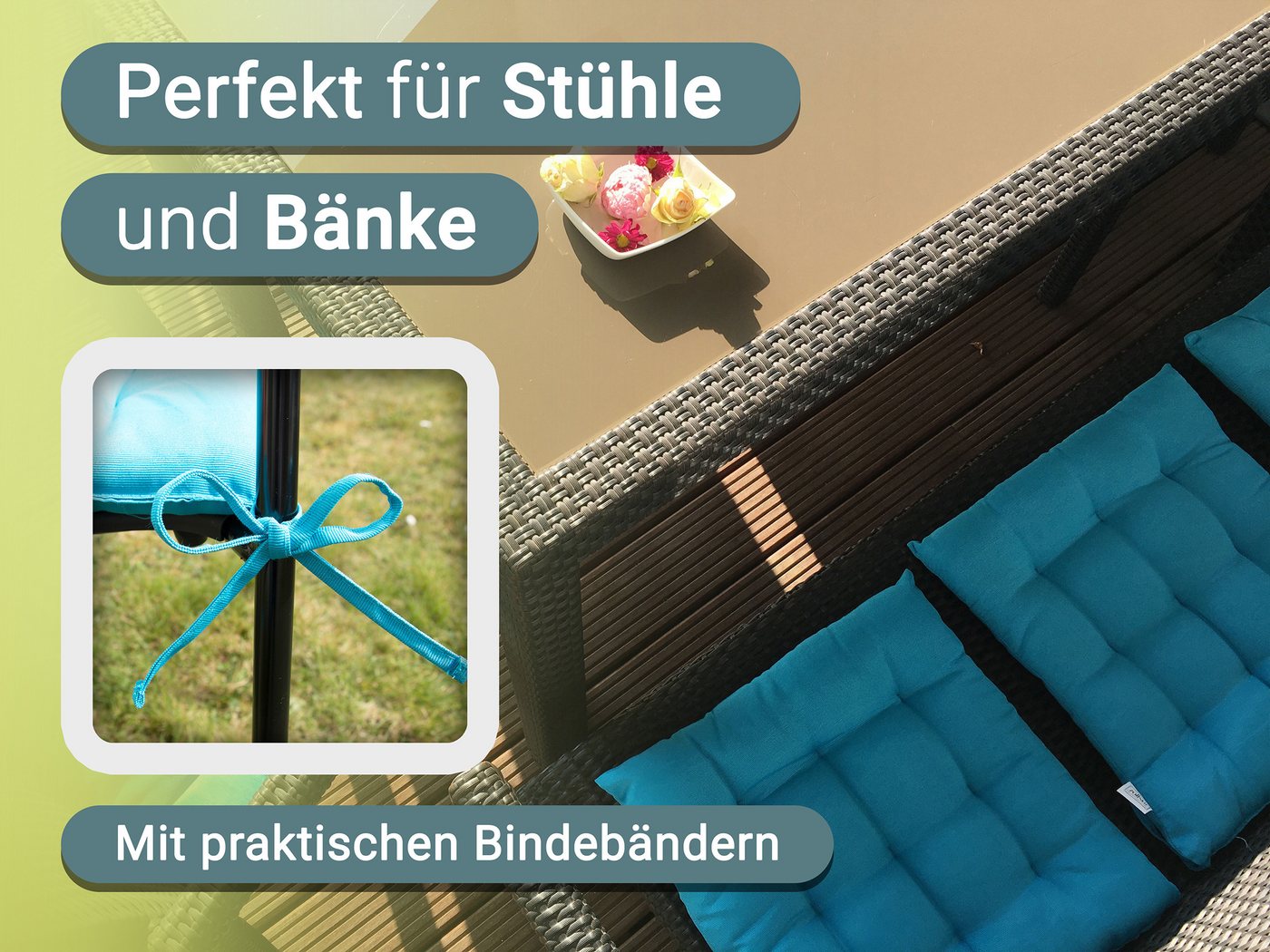ZOLLNER Stuhlkissen, 40 x 40 x 3 cm, mit Bindebänder, für Indoor und Outdoor – Bild 2 von 5