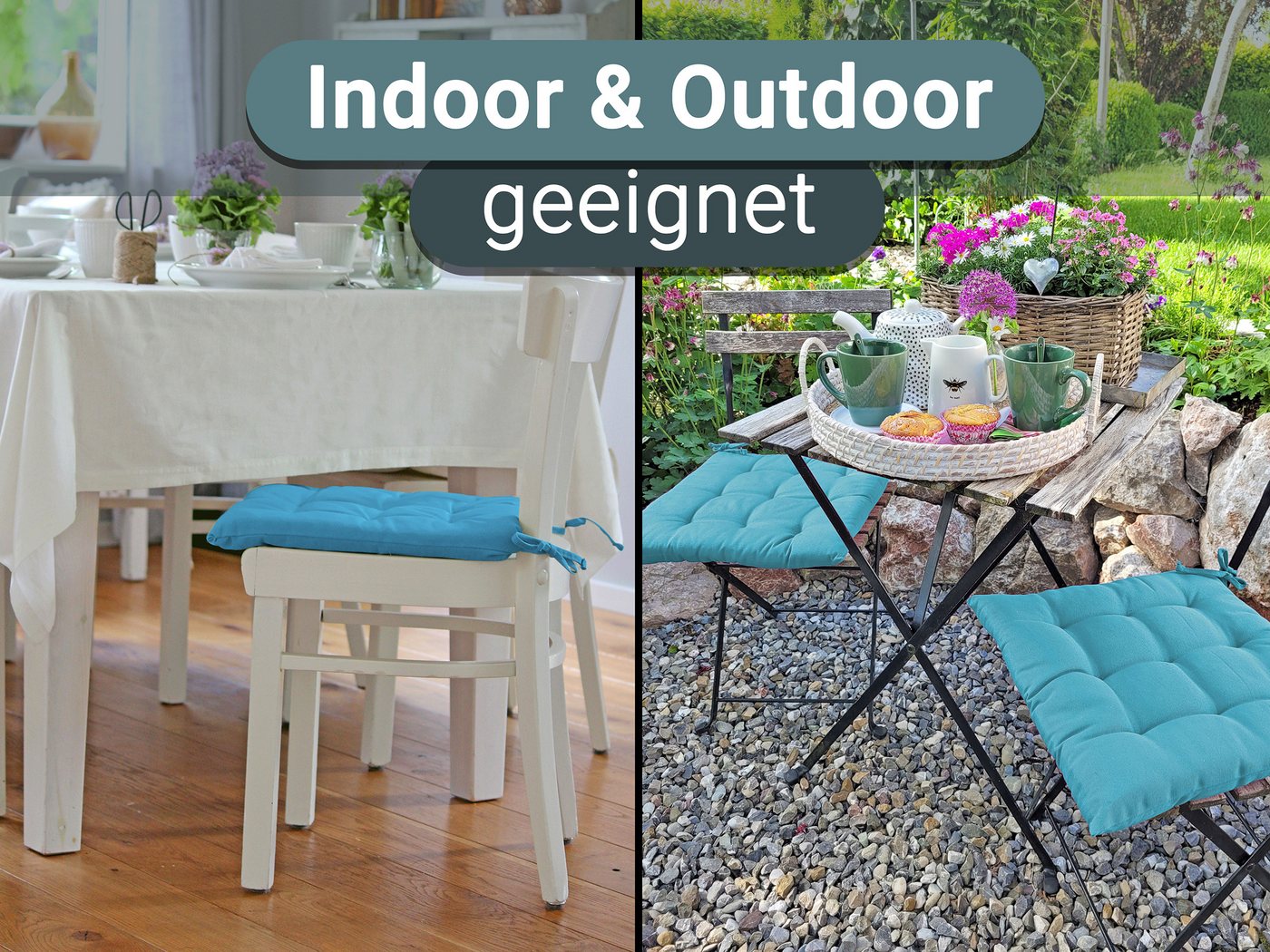 ZOLLNER Stuhlkissen, 40 x 40 x 3 cm, mit Bindebänder, für Indoor und Outdoor – Bild 5 von 5