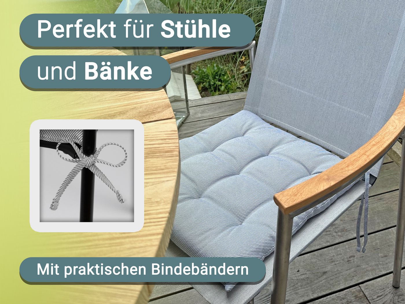 ZOLLNER Stuhlkissen, 40 x 40 x 3 cm, mit Bindebänder, für Indoor und Outdoor – Bild 2 von 5