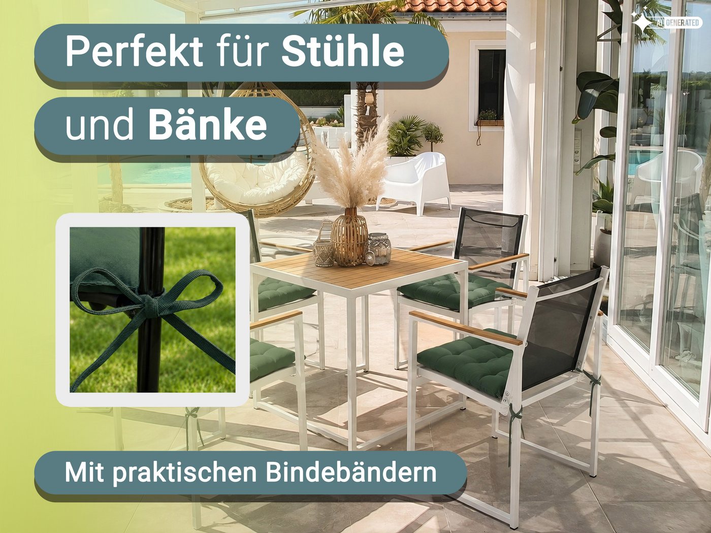 ZOLLNER Stuhlkissen, 40 x 40 x 3 cm, mit Bindebänder, für Indoor und Outdoor – Bild 2 von 5