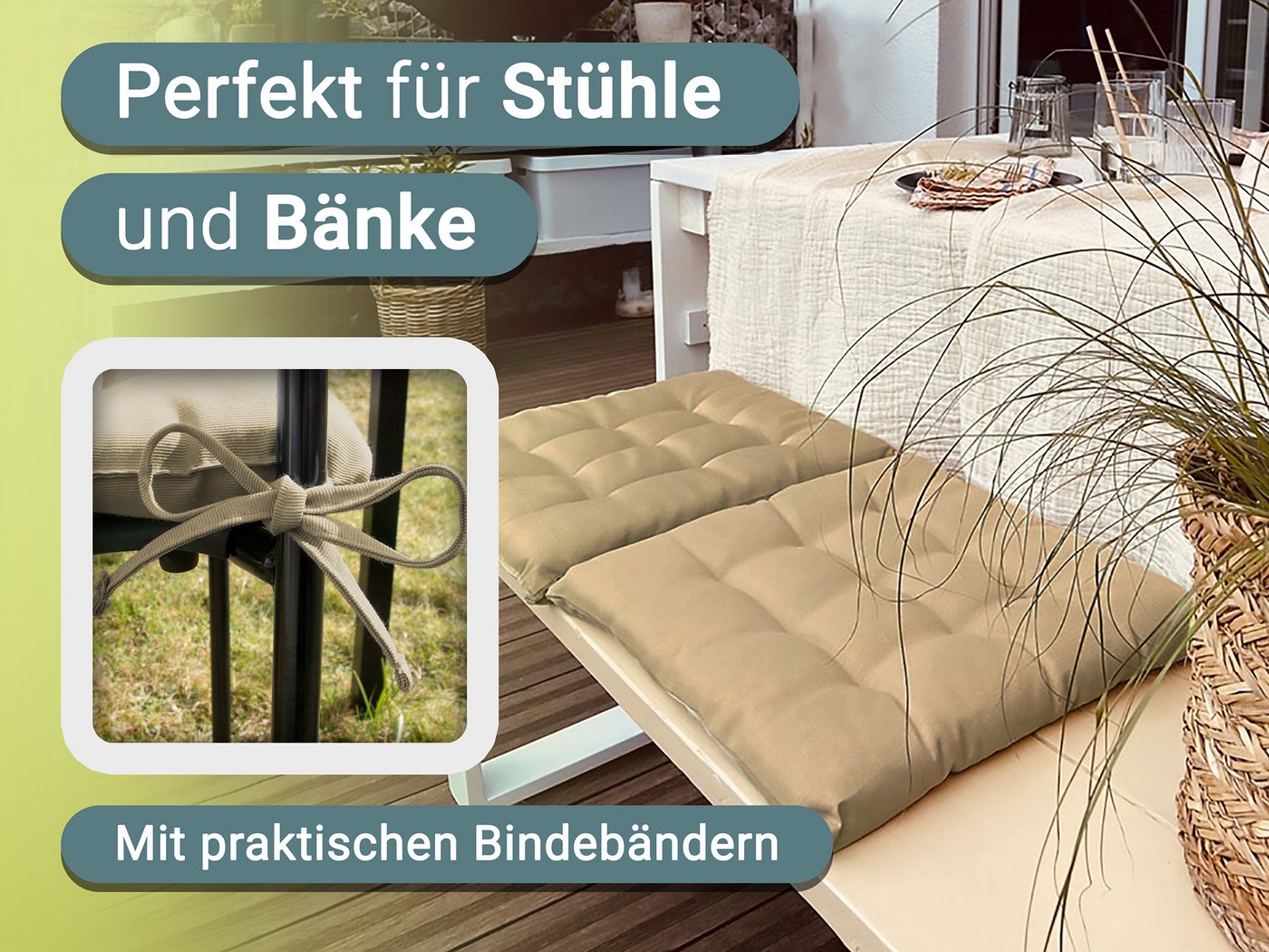 ZOLLNER Stuhlkissen, 40 x 40 x 3 cm, mit Bindebänder, für Indoor und Outdoor – Bild 2 von 5