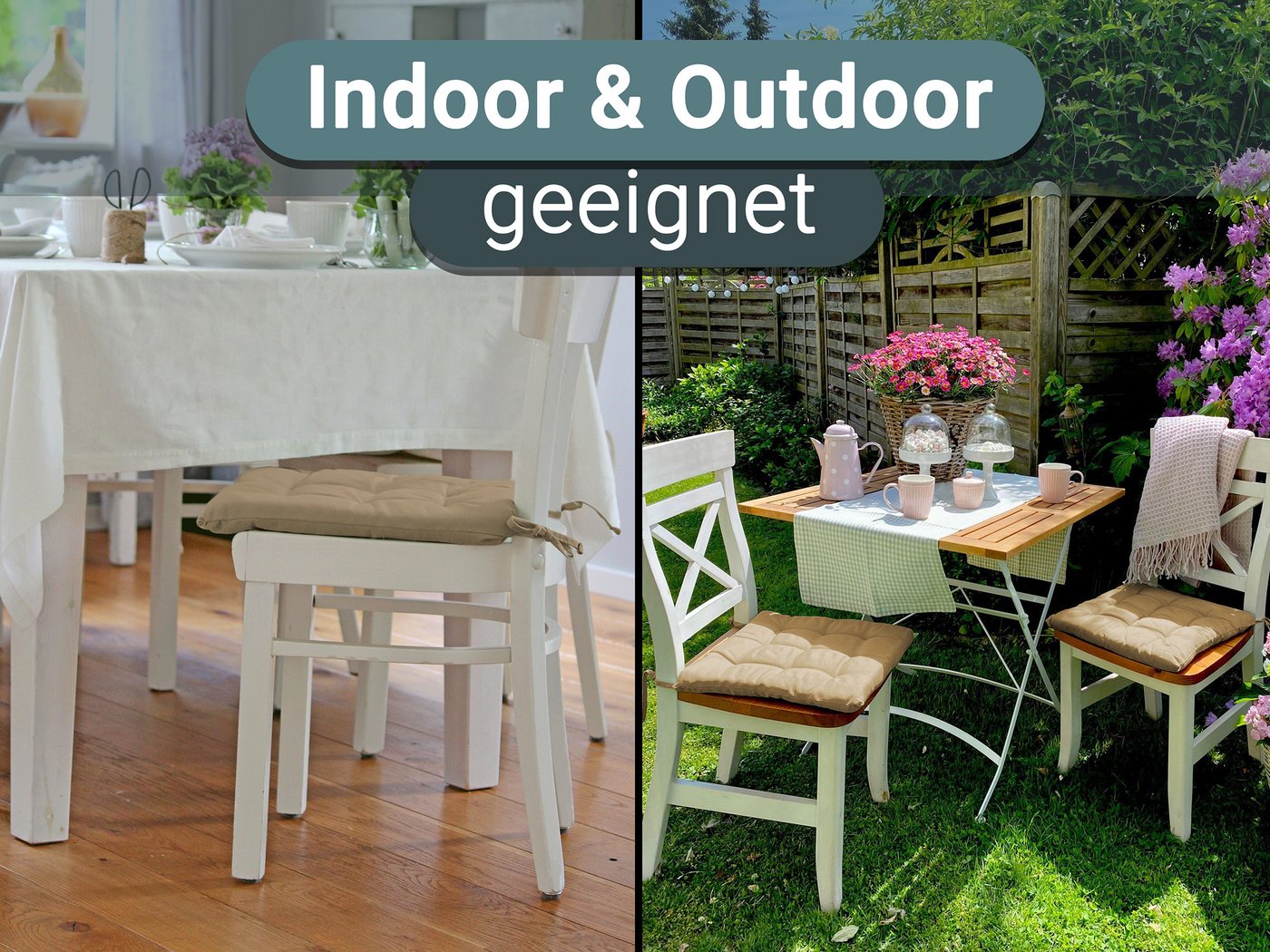 ZOLLNER Stuhlkissen, 40 x 40 x 3 cm, mit Bindebänder, für Indoor und Outdoor – Bild 5 von 5