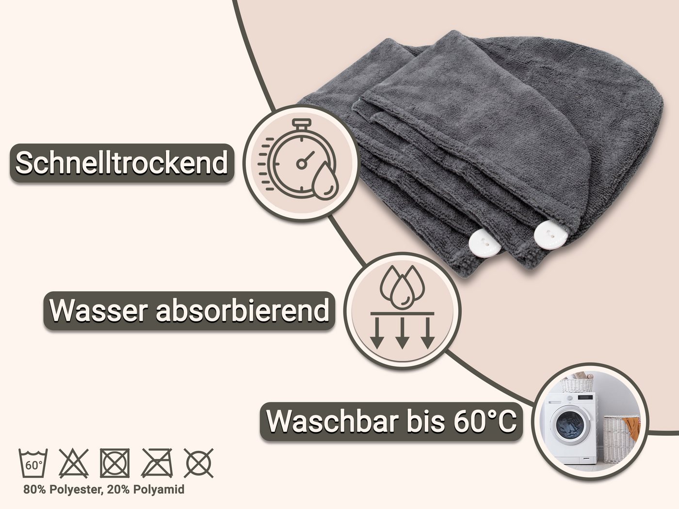 ZOLLNER Turban-Handtuch, Mikrofaser (2-St), 25 x 65 cm, 80% Polyester, 20% Polyamid, mit Knopfverschluss – Bild 2 von 5