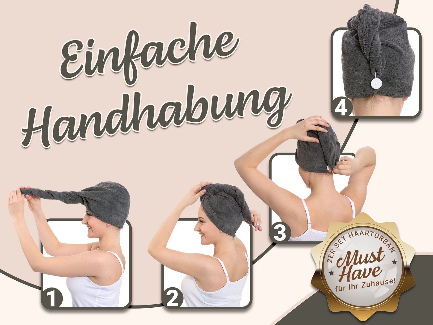 ZOLLNER Turban-Handtuch, Mikrofaser (2-St), 25 x 65 cm, 80% Polyester, 20% Polyamid, mit Knopfverschluss – Bild 3 von 5