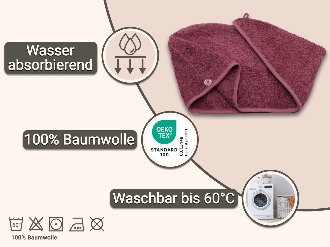 ZOLLNER Turban-Handtuch, Walkfrottier (1-St), 23 x 64 cm, 100% Baumwolle, mit Knopfverschluss – Bild 2 von 5