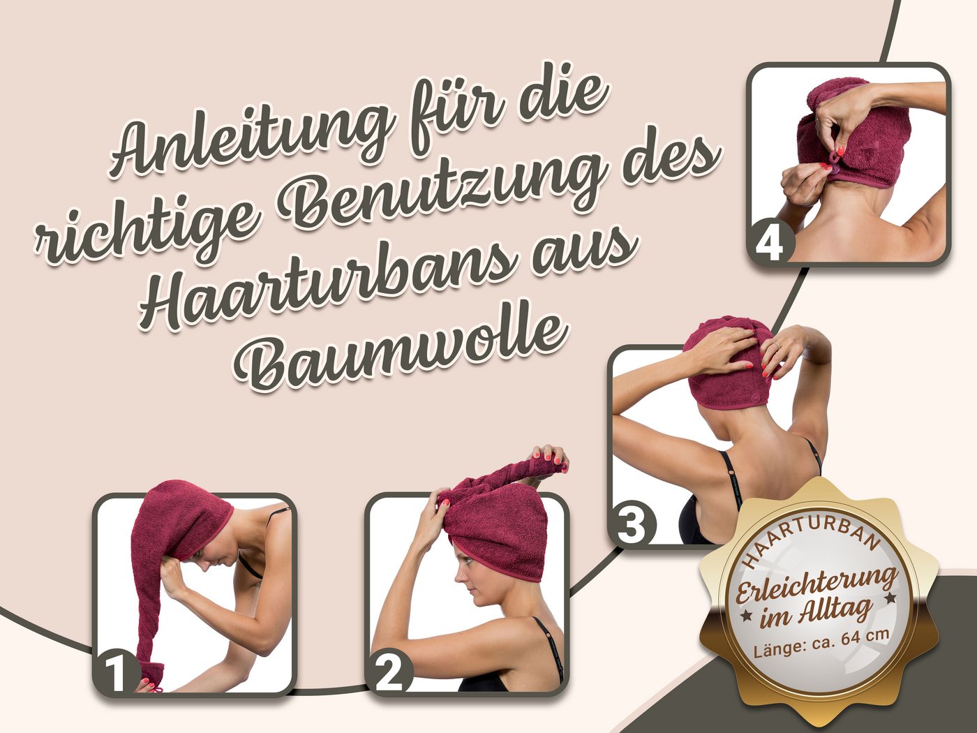 ZOLLNER Turban-Handtuch, Walkfrottier (1-St), 23 x 64 cm, 100% Baumwolle, mit Knopfverschluss – Bild 3 von 5