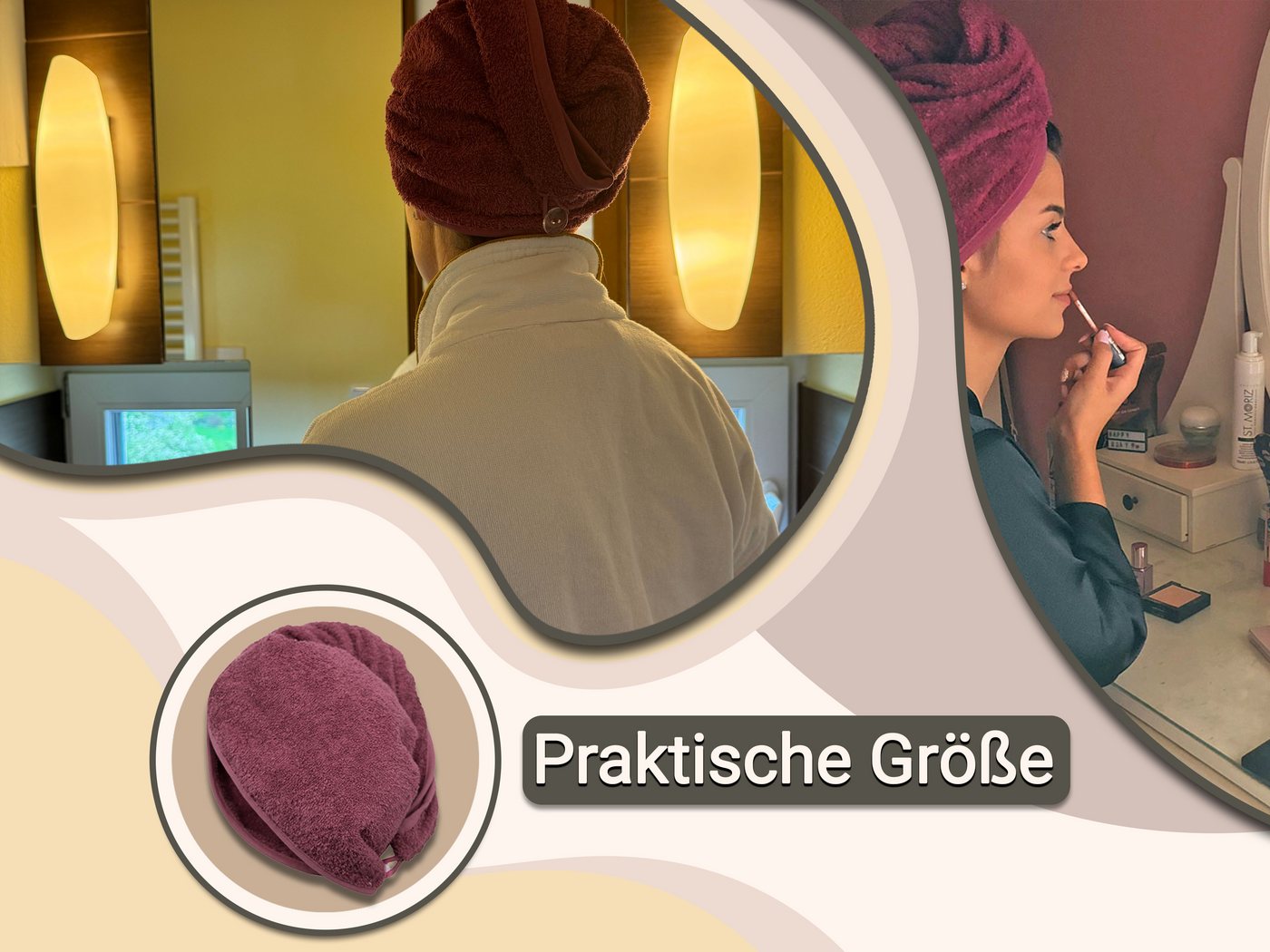ZOLLNER Turban-Handtuch, Walkfrottier (1-St), 23 x 64 cm, 100% Baumwolle, mit Knopfverschluss – Bild 5 von 5
