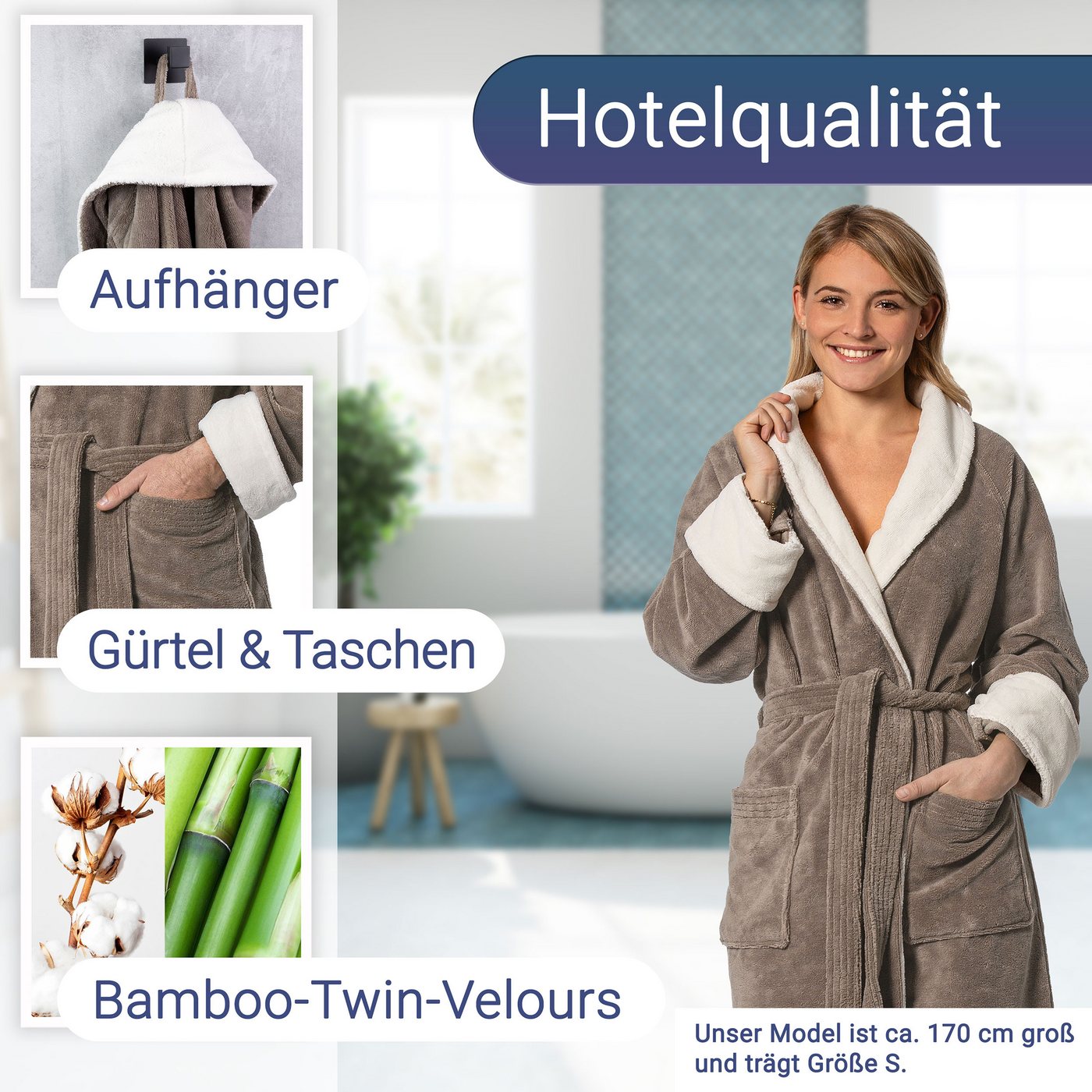 ZOLLNER Unisex-Bademantel, 50% Bambus-Viskose, 50% Baumwolle, Bindegürtel, saugfähig und kuschelig, Gürtel, 50% Bambus-Viskose, 50% Baumwolle, vom Hotelwäschesp – Bild 3 von 5