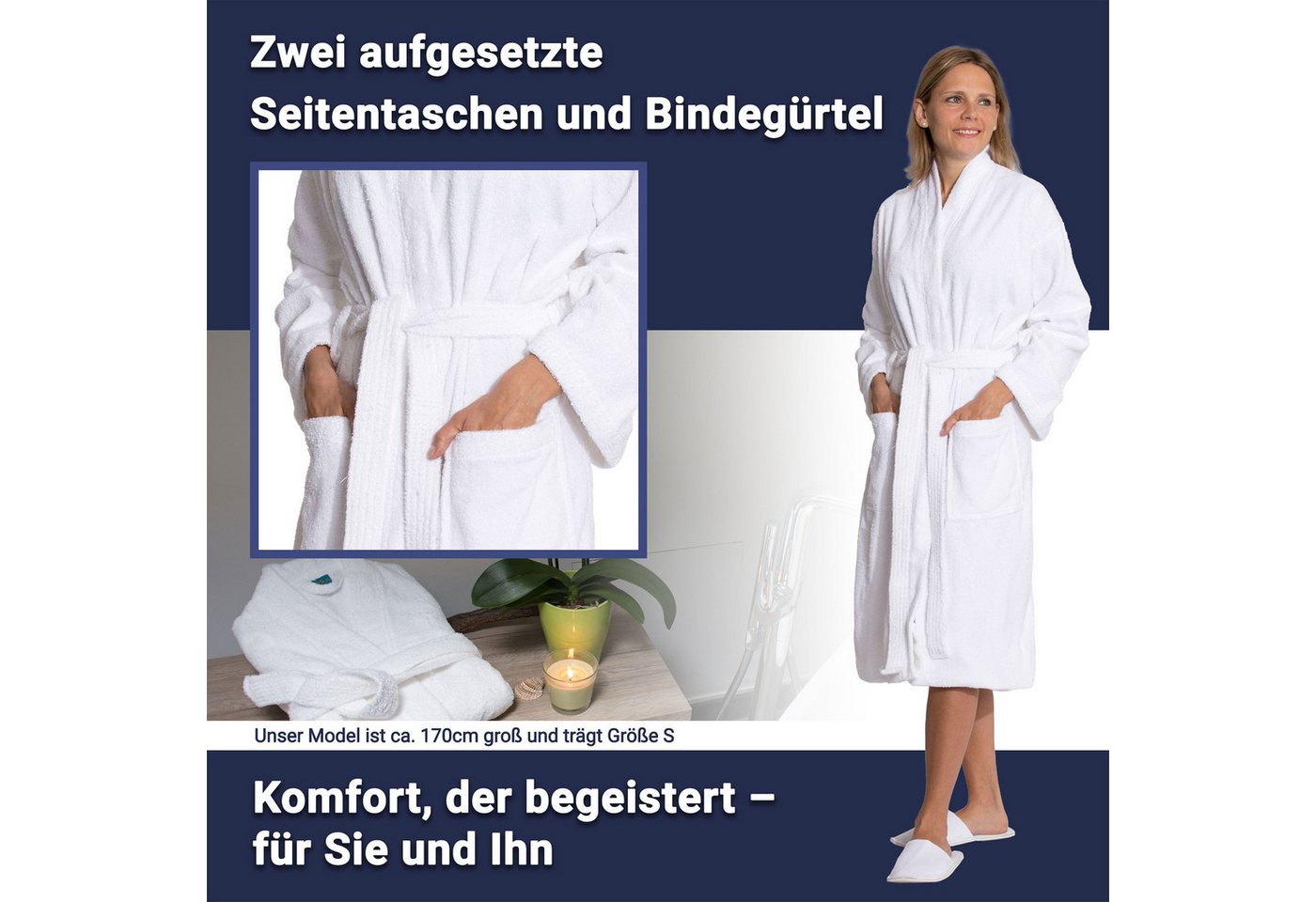 ZOLLNER Unisex-Bademantel, 100% Baumwolle, Kimono-Kragen, Gürtel, 100% Baumwolle, vom Hotelwäschespezalisten, S-6XL – Bild 3 von 5