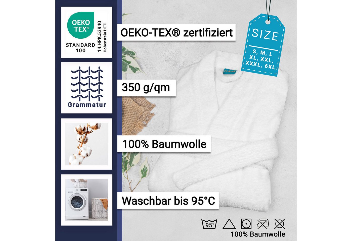 ZOLLNER Unisex-Bademantel, 100% Baumwolle, Kimono-Kragen, Gürtel, 100% Baumwolle, vom Hotelwäschespezalisten, S-6XL – Bild 4 von 5