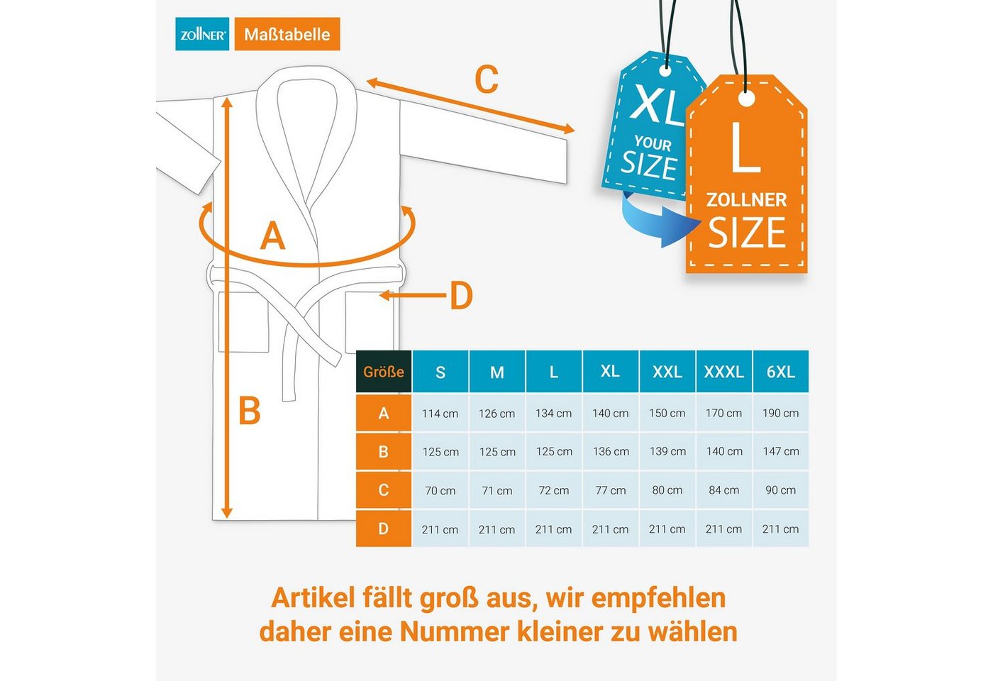ZOLLNER Unisex-Bademantel, 100% Baumwolle, Kimono-Kragen, Gürtel, 100% Baumwolle, vom Hotelwäschespezalisten, S-6XL – Bild 5 von 5