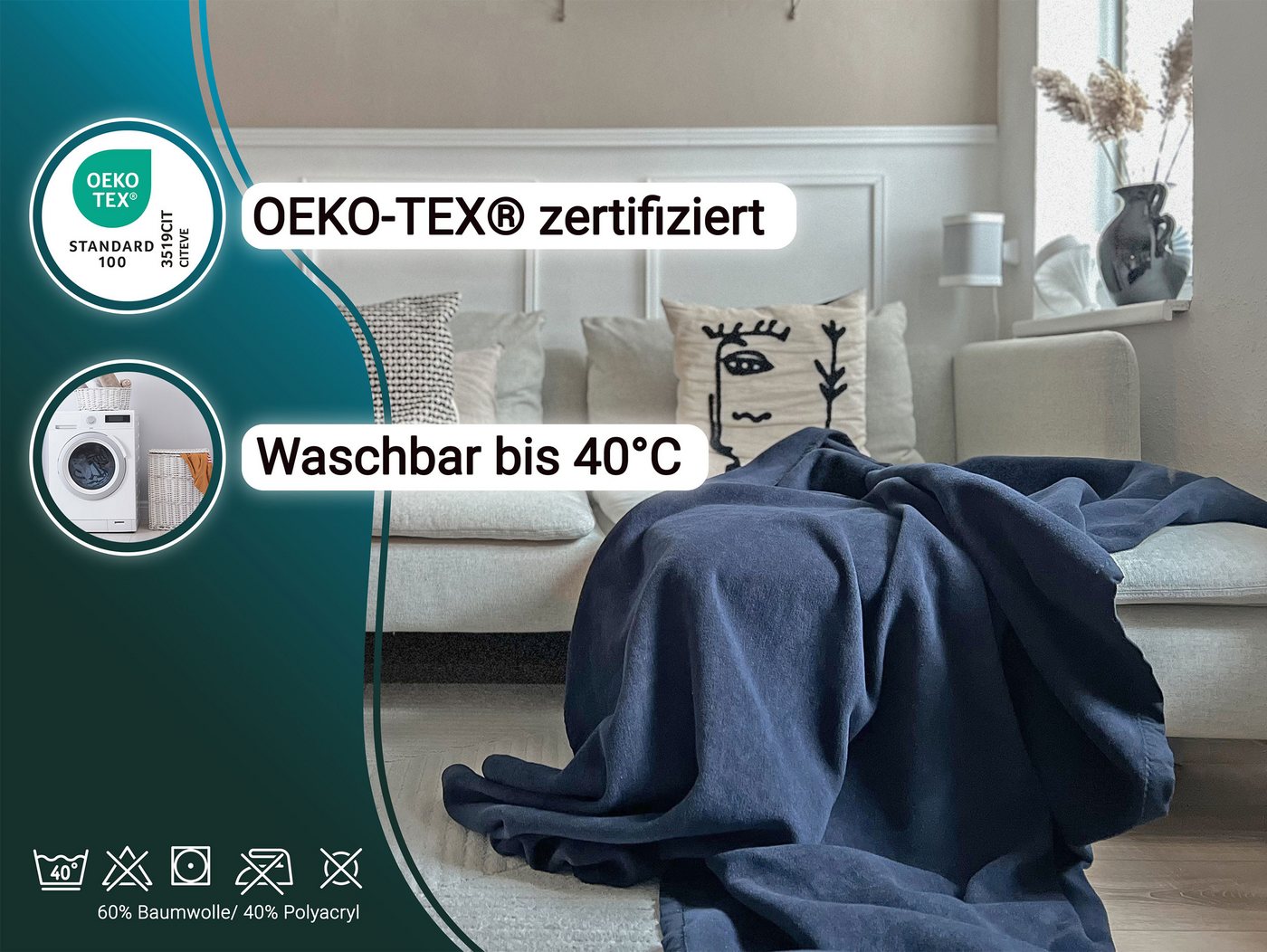 Wohndecke, ZOLLNER, 150 x 200 cm, 60% Baumwolle, 40% Polyacryl, auch in XXL Größe – Bild 4 von 5