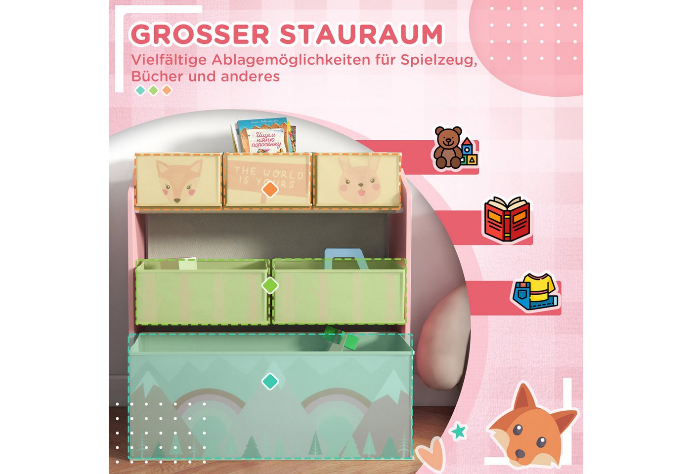ZONEKIZ Kinderregal Bücherregal, Kinderzimmerregal für Kinderzimmer, Spielzimmer, Spielzeugregal 1-tlg., für Kinderzimmer, Kindergarten, Spielzimmer, 63x30x66 c – Bild 5 von 5