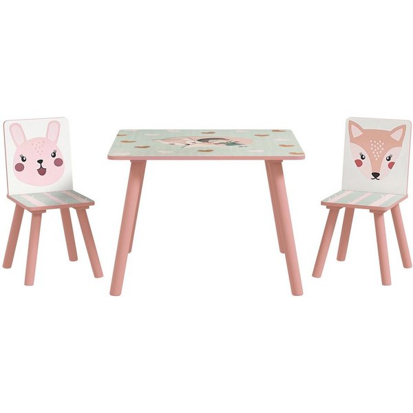 ZONEKIZ Kindersitzgruppe Kindertisch mit Tiermotiv, Kindermöbel für Kinderzimmer, (Kindermöbel, 3-tlg., Tische mit Stühlen für Kinder), mit Tiermustern, Rosa