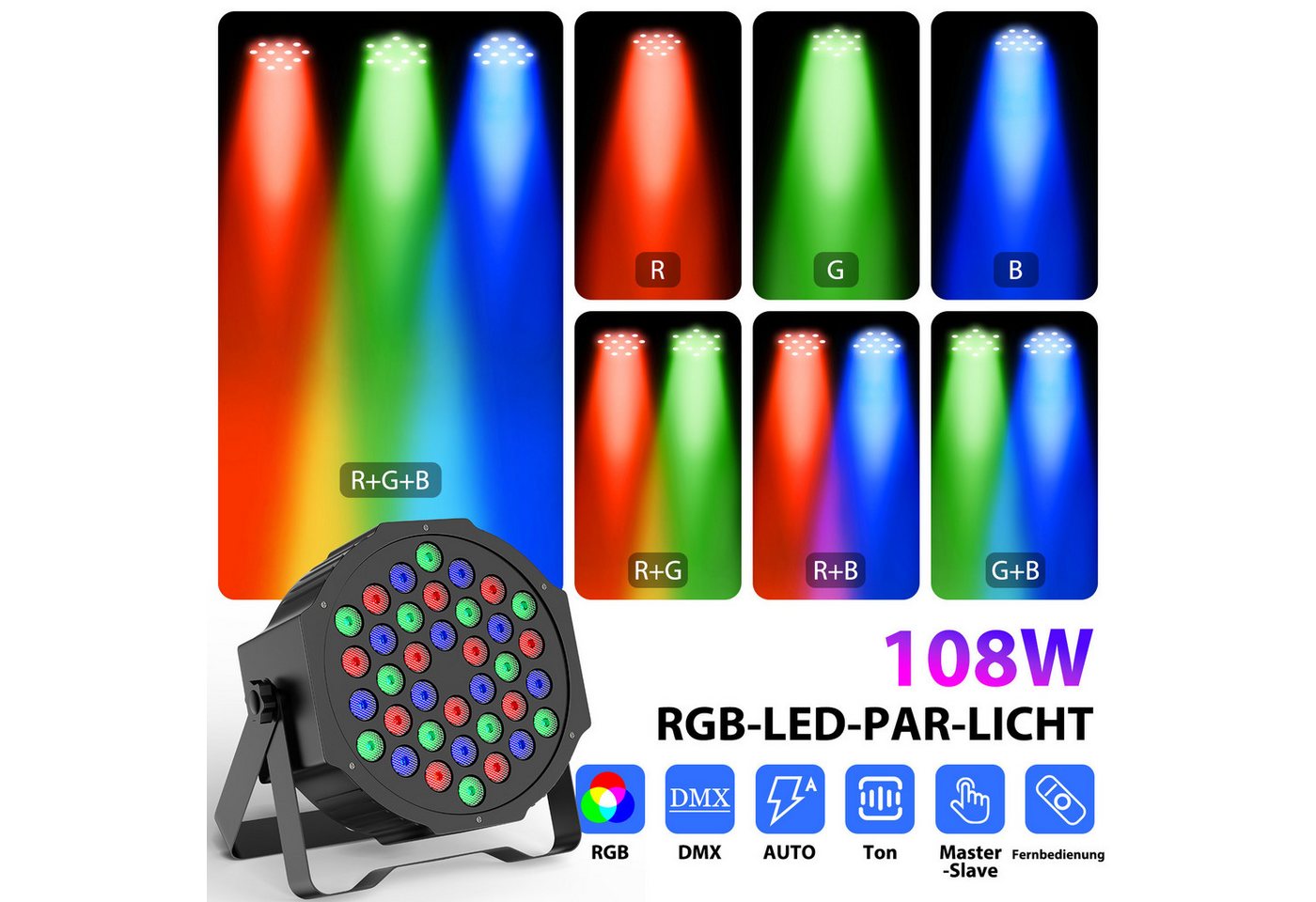ZonQoonz Discolicht 108W LED PAR-Scheinwerfer mit drahtloser Fernbedienung für DJ Party – Bild 2 von 5