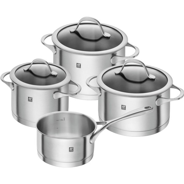 Zwilling Topf-Set Essence, Edelstahl 18/10 (Set, 7-tlg., je 1 Kochtopf Ø 16/20 cm, 1 Bratentopf Ø 20 cm, 1 Stieltopf Ø 16 cm), Sandwichboden sehr gute Wärmevert