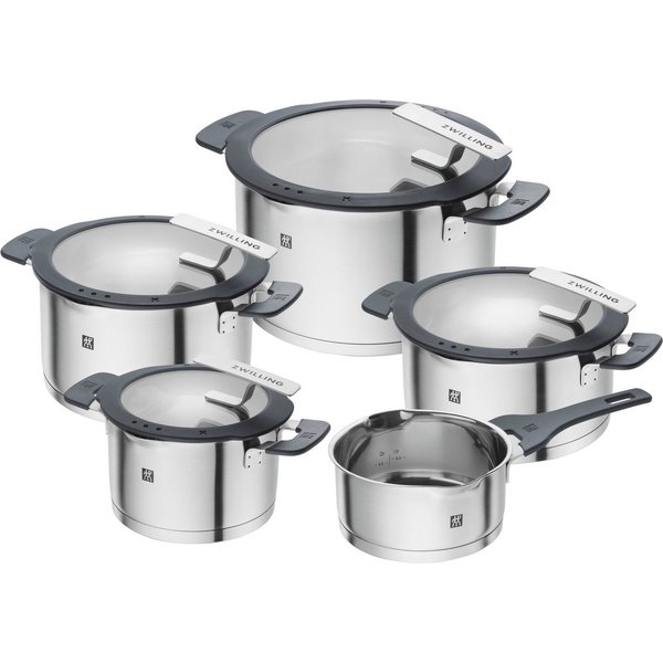 Zwilling Topf-Set Simplify, Edelstahl 18/10 (Set, 9-tlg., je 1 Kochtopf Ø 16/20/24 cm, 1 Bratentopf Ø 20 cm, 1 Stieltopf Ø 16 cm), Sandwichboden, Stay-Cool-Grif