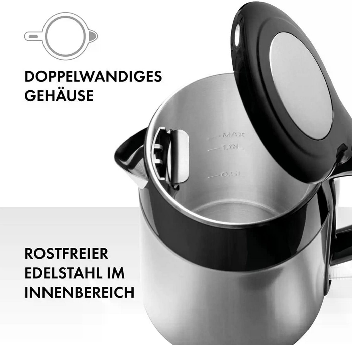 Zwilling Wasserkocher Wasserkocher 1,25 l Edelstahl Schwarz/Silber 1850 W Doppelwandgehaeuse – Bild 4 von 5