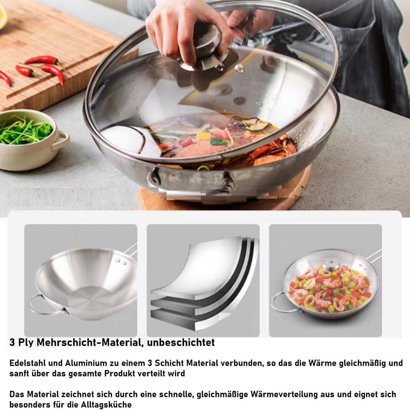 Zwilling Wok Twin Nova 3, Edelstahl, Wokpfanne, 30cm, mit Glasdeckel, Edelstahl, unbeschichtet, Induktion – Bild 2 von 5